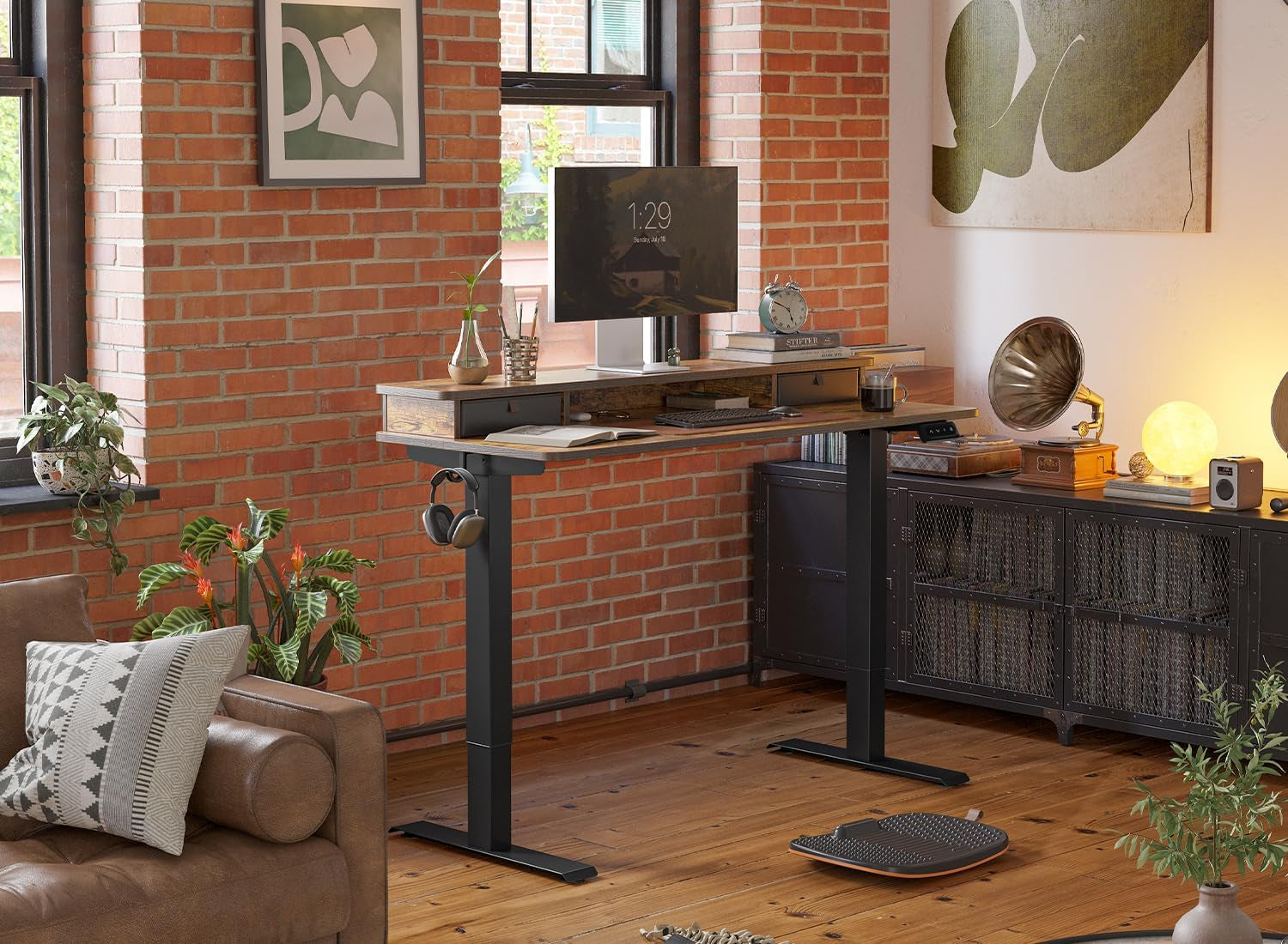 Height Adjustable Electric Standing Desk with Double Drawer, 55 X 24 Inch Stand up Table with Storage Shelf, Sit Stand Desk with Splice Board, Black Frame/Rustic Brown Top