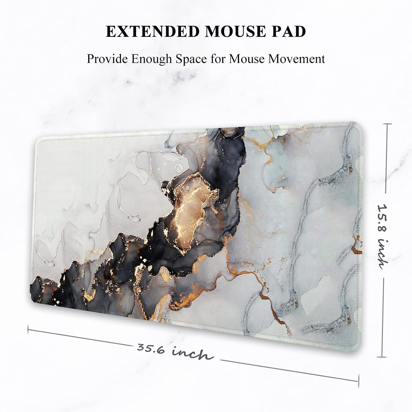 Extended Mouse Pad, XXL Desk Pad Gaming Mousepad, Large Big Laptop Computer Keyboard Mat with Non-Slip Base Stitched Edge for Gaming Office, 35.5 X 15.7 Inch, White Black Marble