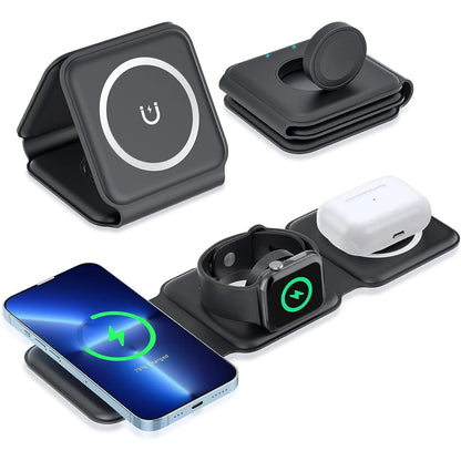 Magnetic Wireless Charger for Iphone: Foldable Three in One Charging Station for Multiple Apple Devices - Travel Charging Board Base for Apple Watch Iphone 15, 14, Pro Max plus and Airpod Black