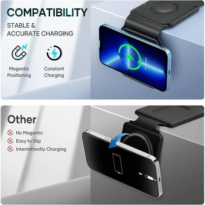 Magnetic Wireless Charger for Iphone: Foldable Three in One Charging Station for Multiple Apple Devices - Travel Charging Board Base for Apple Watch Iphone 15, 14, Pro Max plus and Airpod Black