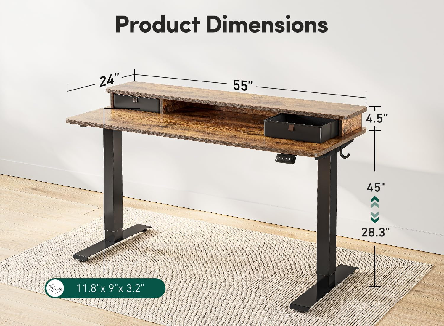 Height Adjustable Electric Standing Desk with Double Drawer, 55 X 24 Inch Stand up Table with Storage Shelf, Sit Stand Desk with Splice Board, Black Frame/Rustic Brown Top