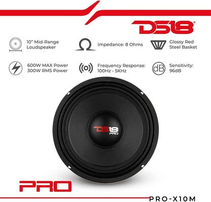 PRO-X10M Loudspeaker - 10", Midrange, Red Steel Basket, 600W Max, 300W RMS, 8 Ohms - Premium Quality Audio Door Speakers for Car or Truck Stereo Sound System (1 Speaker), Classic