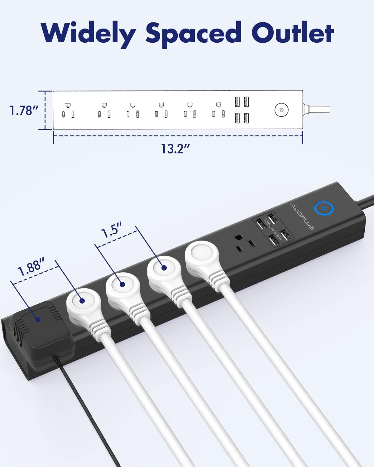 Surge Protector Power Strip with USB,  10FT Outlet Strip, 6 Outlet and 4 USB Charger,[Flat Plug/Wall Mountable], 1250W/10A/2100J, Long Extension Cord for Computer Iphone Home Office Dorm