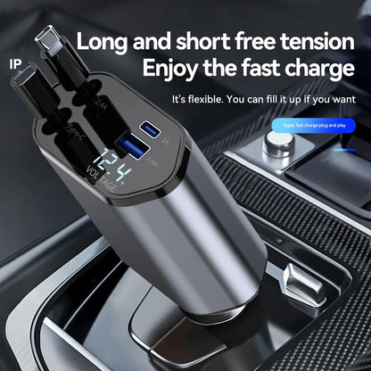 Retractable Car Charger, 4 in 1 Fast Charging Car Charger 120W, Retractable Cable and 2 USB Ports Car Charger Adapter Compatible